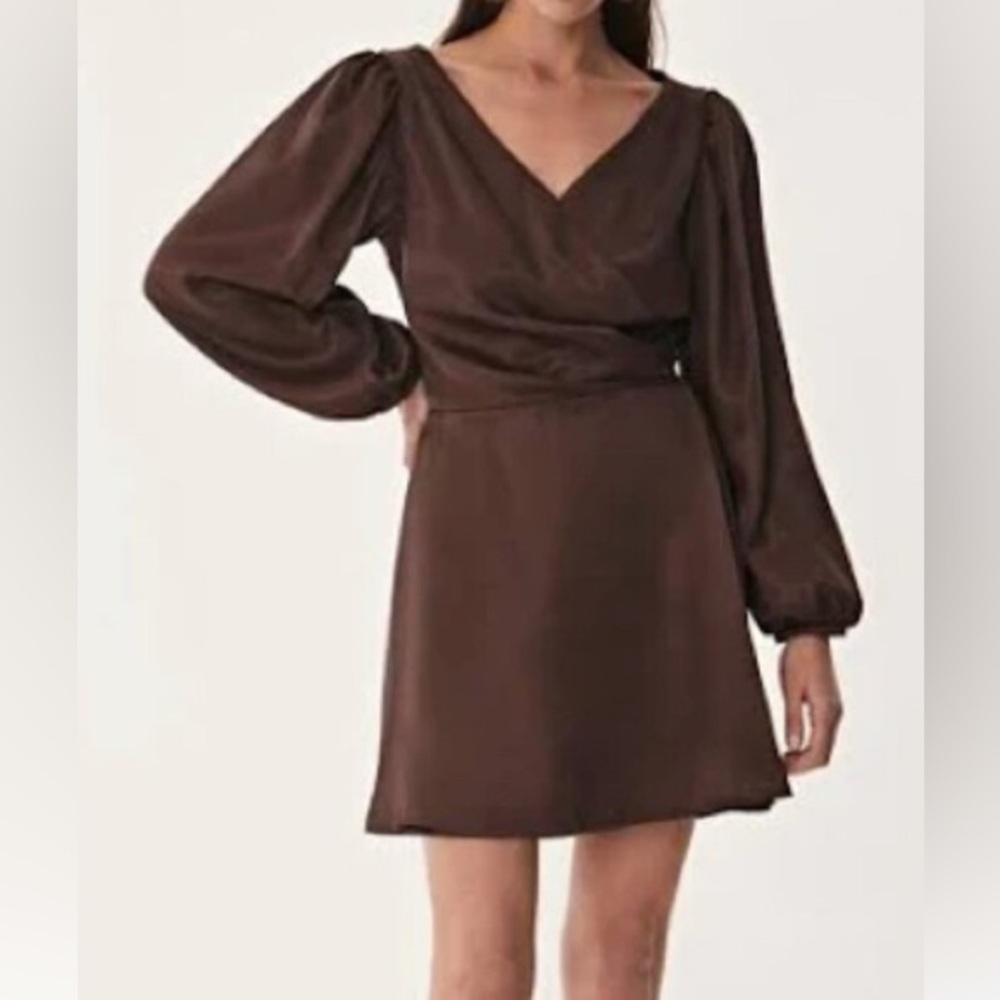 Krisa Revolve Brown Long-Sleeve Wrap Mini Dress